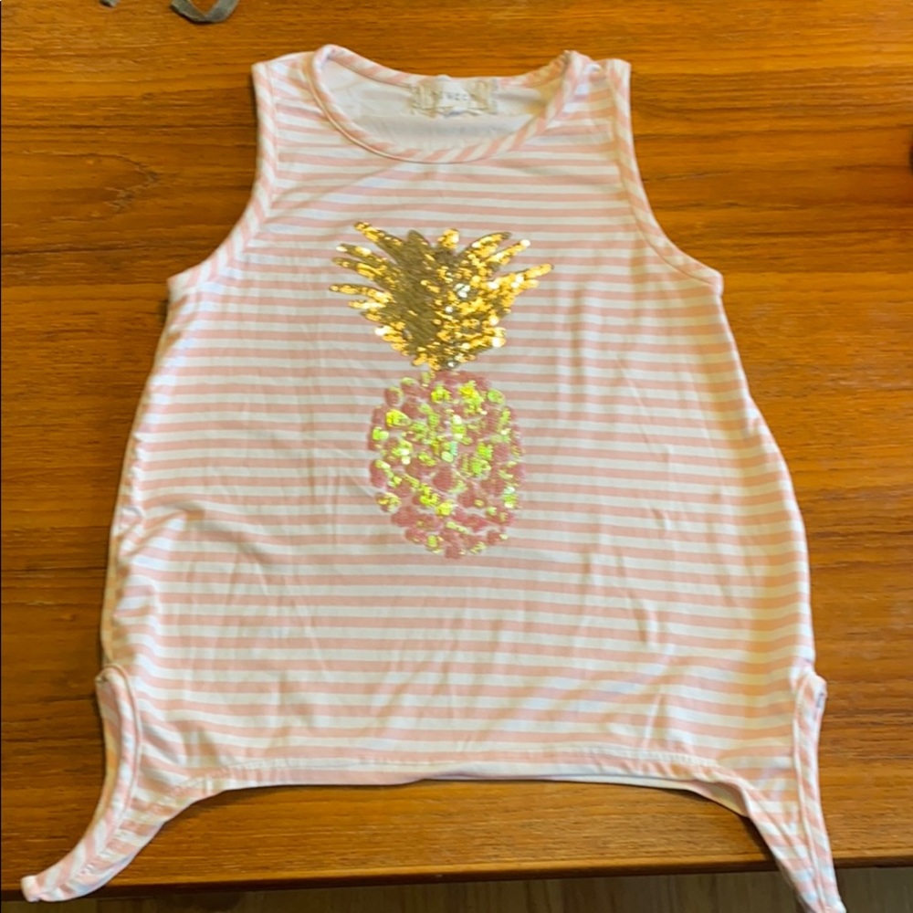 Btween pineapple sequins pink striped tank top
